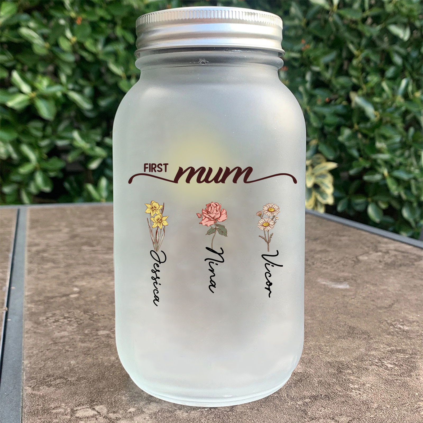 Personalised Light-Up Bottle, Solar Light Jar with 2 to 12 Birth Flowers – First Mum, Now Grandma
