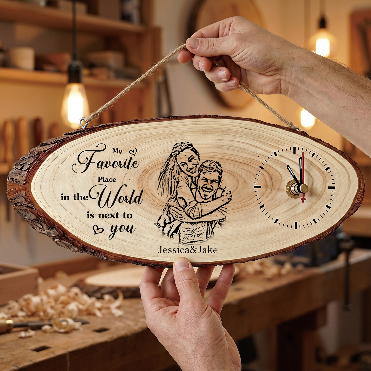 Personalised Wooden Wall Clock with Couple’s Photo, 2 Names and Custom Photo