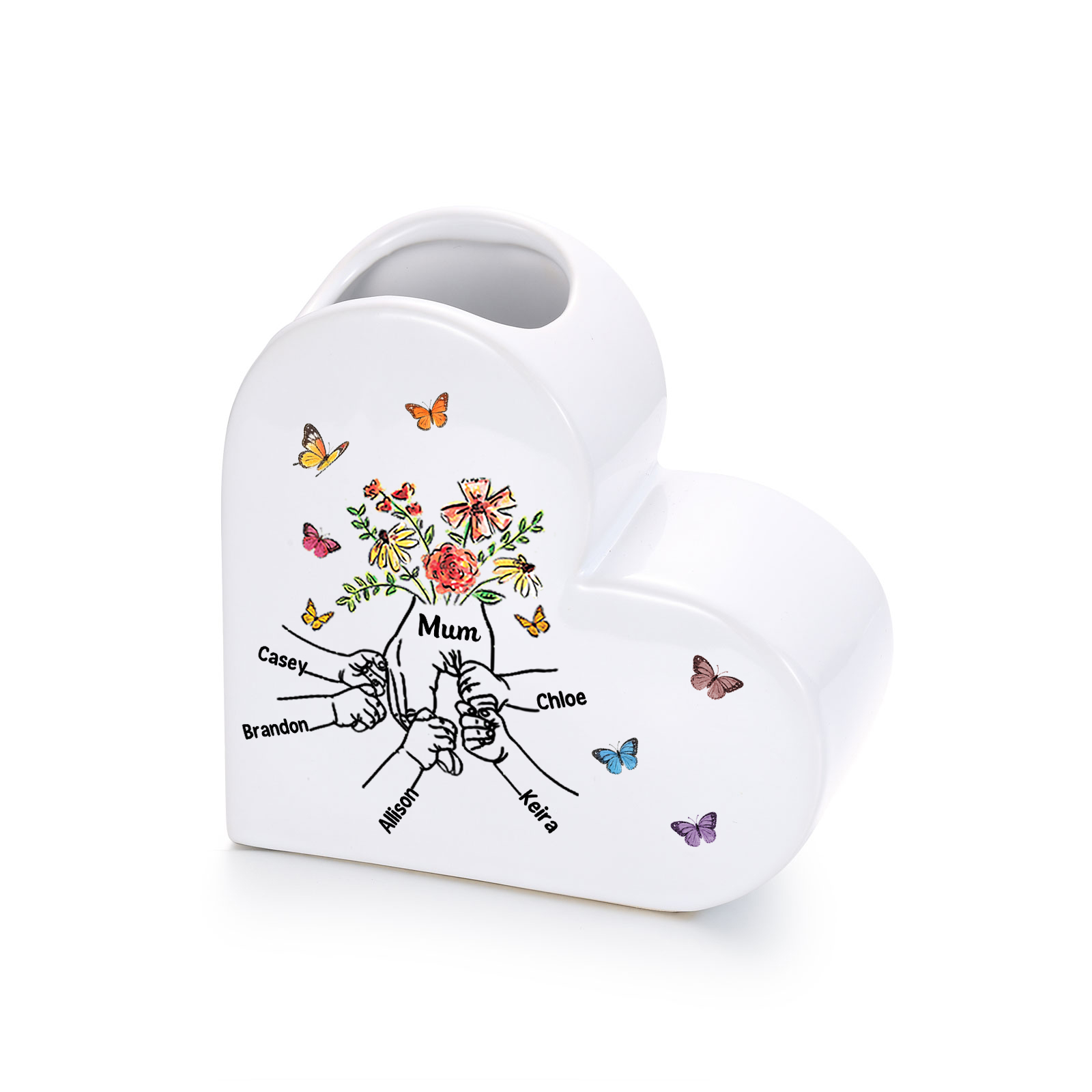 Personalised Ceramic Heart Vase (2–8 Names), “Hand in Hand” Motif, Gift for Mum or Grandma
