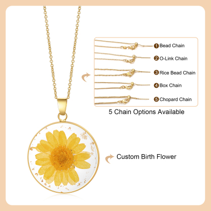 Personalised Gold Botanical Birth Flower Resin Pendant Necklace