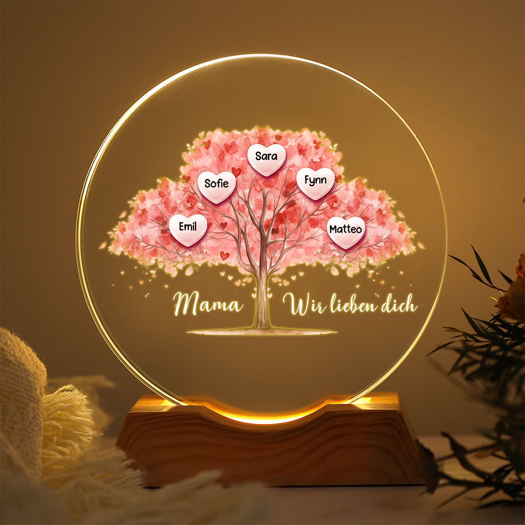 Personalised LED crystal night light with heart-shaped family tree and 1–7 family member names – Mother’s Day or birthday gift for Mum or Grandma from children and grandchildren | Jessemade