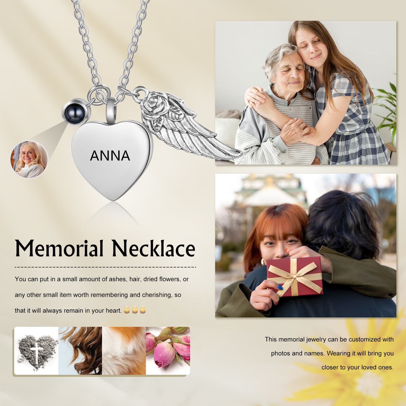 Personalised Memorial Heart Necklace with Angel Wing