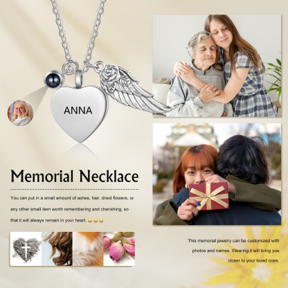 Personalised Memorial Heart Necklace with Angel Wing