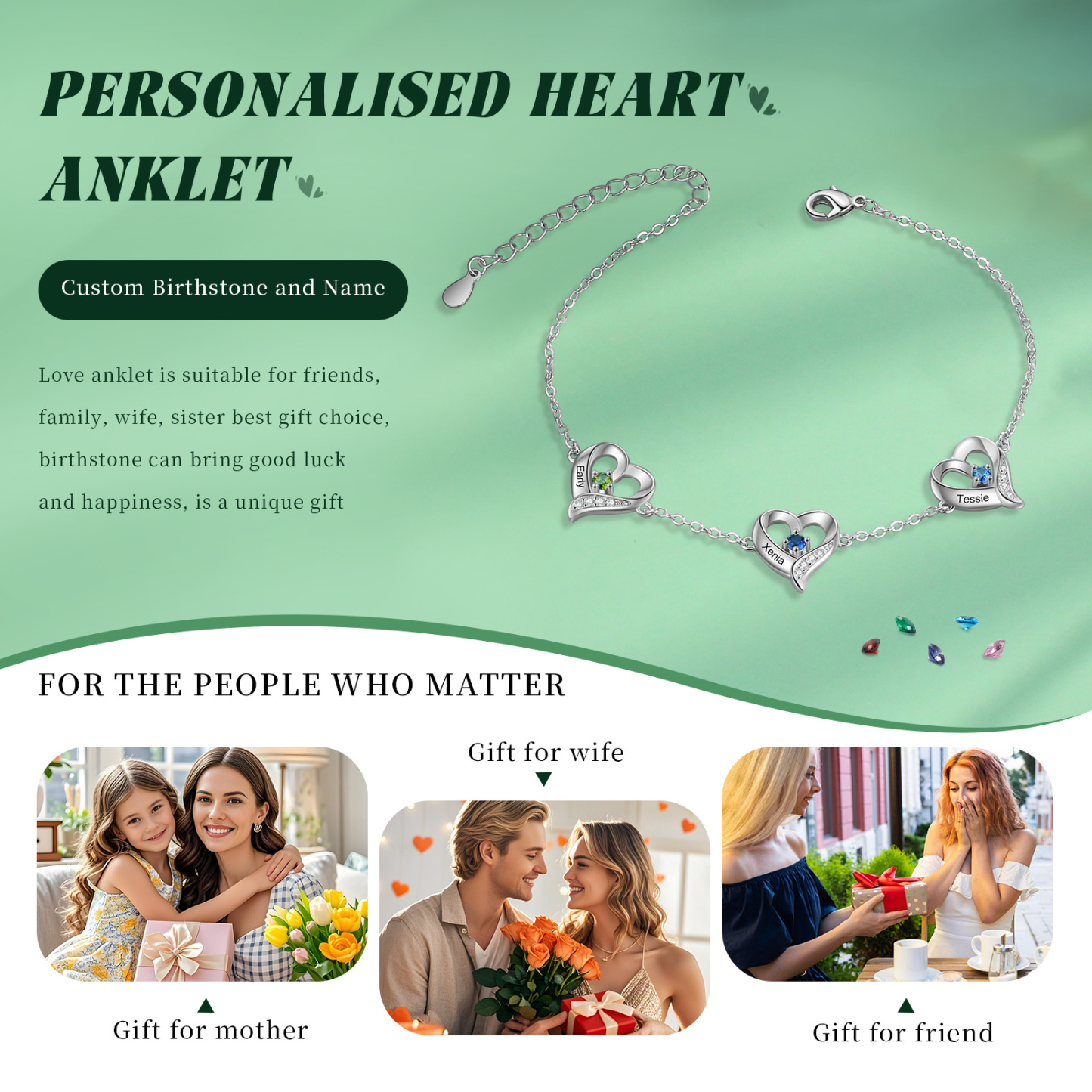 Personalised Heart Anklet Custom with 1-5 Names and Birthstones - Gift for Mum, Wife, Friend, Her | Jessemade