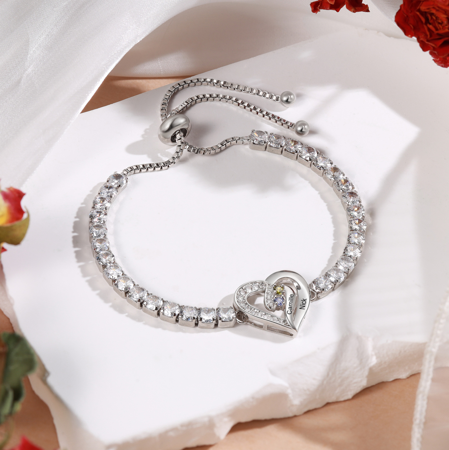 Personalised 2-5 Names Diamond Heart Birthstone Tennis Bracelet
