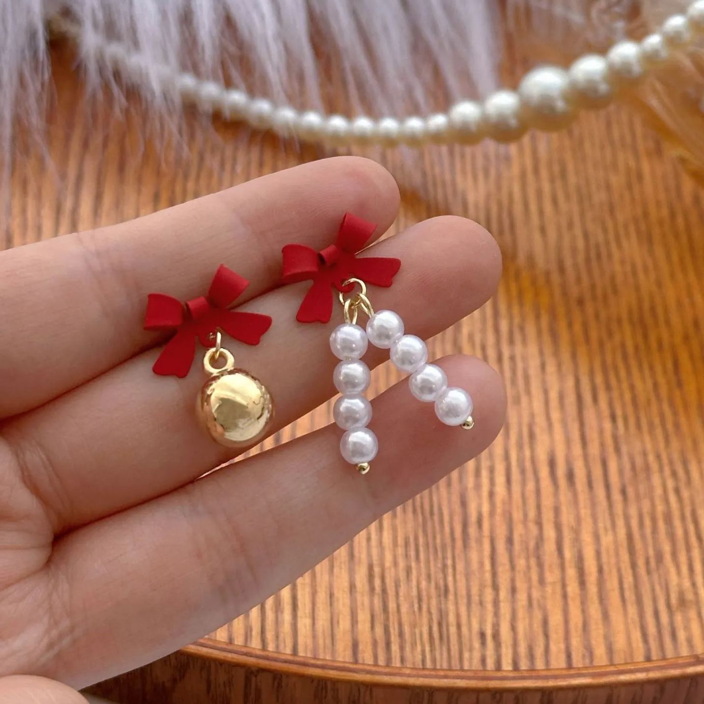 Christmas Asymmetrical Bow & Pearl Earrings Festive Holiday Gift-Jessemade AU