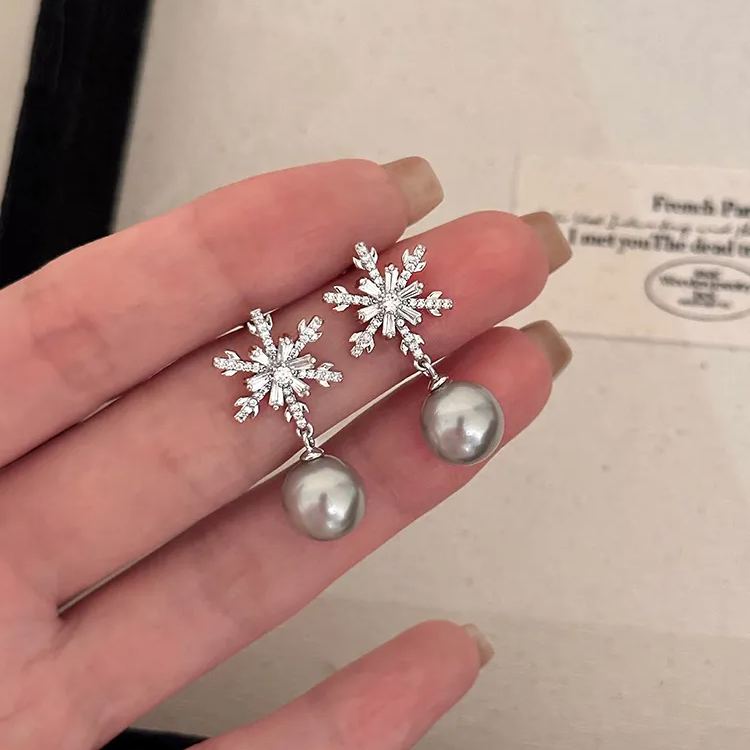 Snowflake Pearl Drop Earrings Elegant Winter Jewelry for Holiday Gifts-Jessemade AU