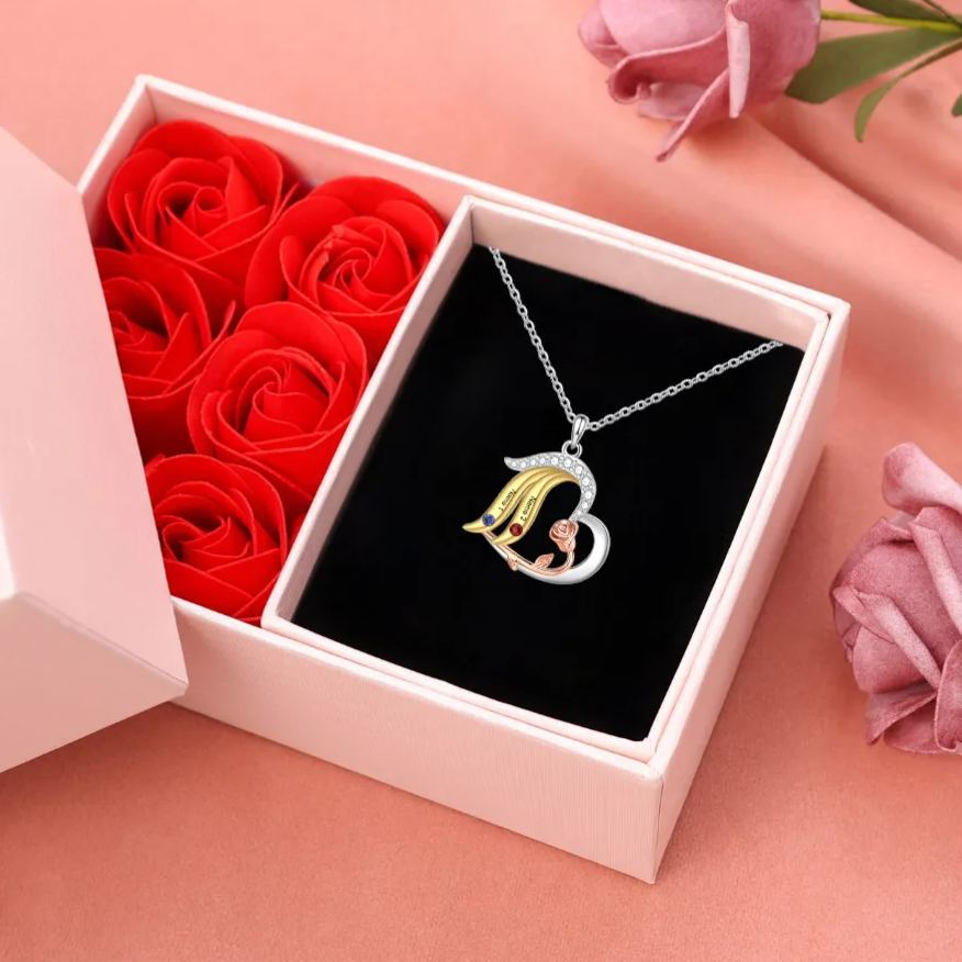 Personalised Heart Rose Pendant Necklace Custom 2 Birthstones & 2 Names Gifts for Her With Gift Box | Jessemade