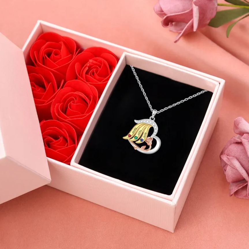 Personalised Heart Rose Pendant Necklace Custom 3 Birthstones & 3 Names Gifts for Her With Gift Box | Jessemade
