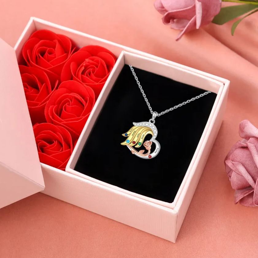 Personalised Heart Rose Pendant Necklace Custom 5 Birthstones & 5 Names Gifts for Her With Gift Box | Jessemade