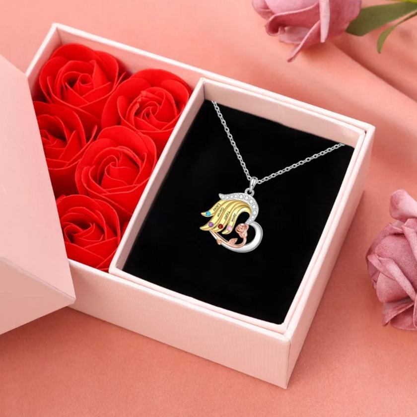 Personalised Heart Rose Pendant Necklace Custom 4 Birthstones & 4 Names Gifts for Her With Gift Box | Jessemade