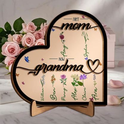 To Mom/Grandma -Personalised Heart-Shaped Wooden Plaque Custom with Flowers & 1- 10 Names Ornament Mother's Day Gift | Jessemade