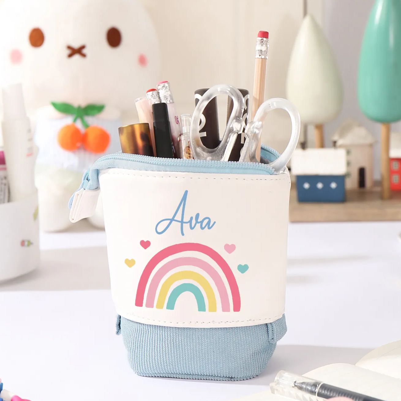 Personalised Pencil Case Custom Name Rainbow Pen Pouch Canvas PU Leather Back To School Gift for Kids