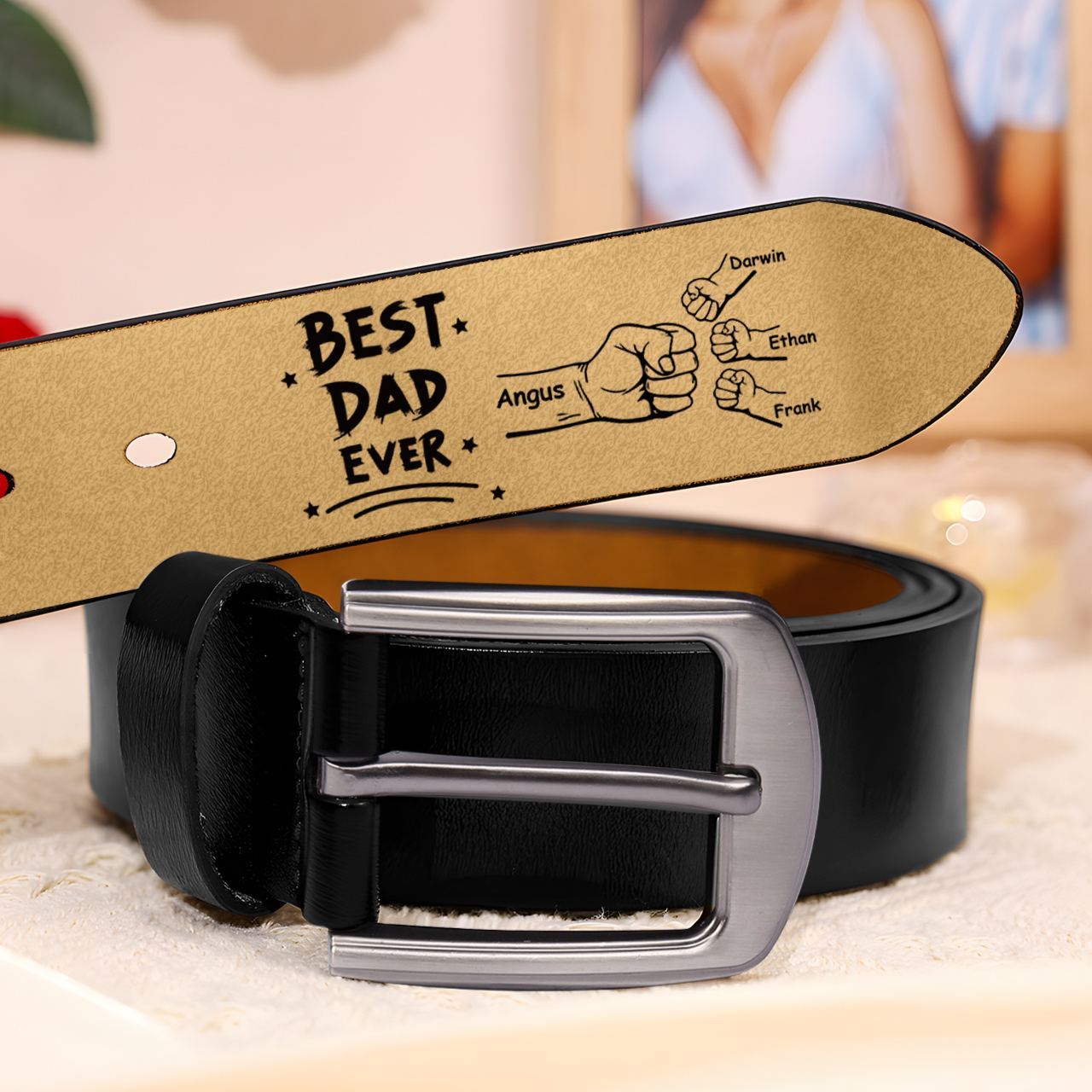 Personalised Belt Custom 2-6 Names Leather Belt with Fist Bump Gift for Him | Father’s Day Gift | Jessemade