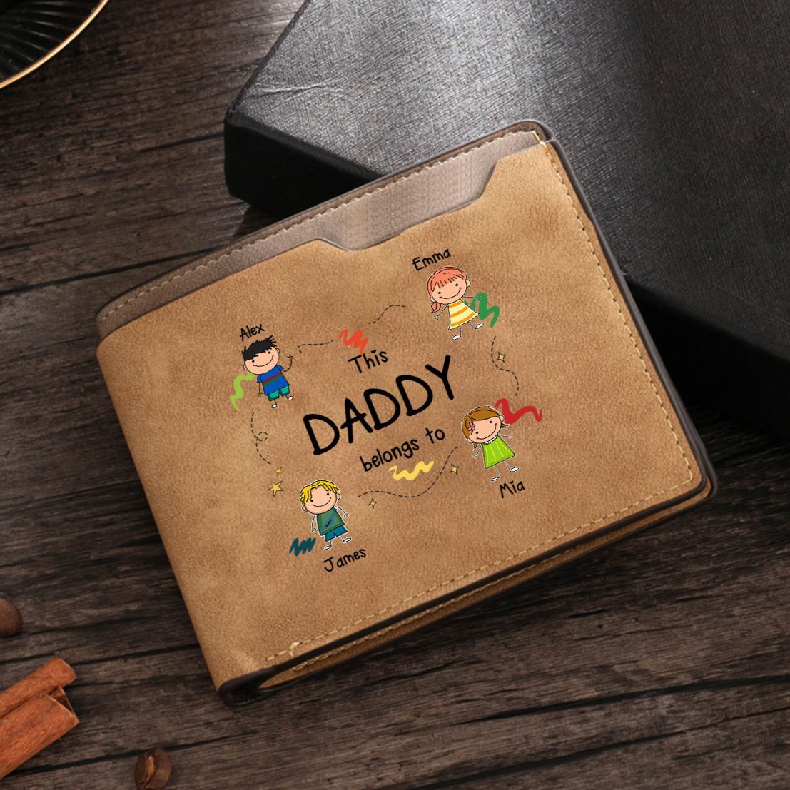 Leather Wallet with First Names and Drawings, Wallet for Grandad or Dad