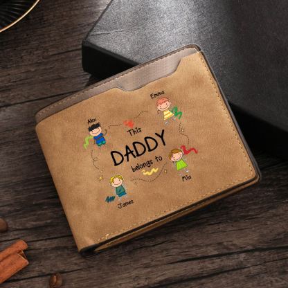 Leather Wallet with First Names and Drawings, Wallet for Grandad or Dad