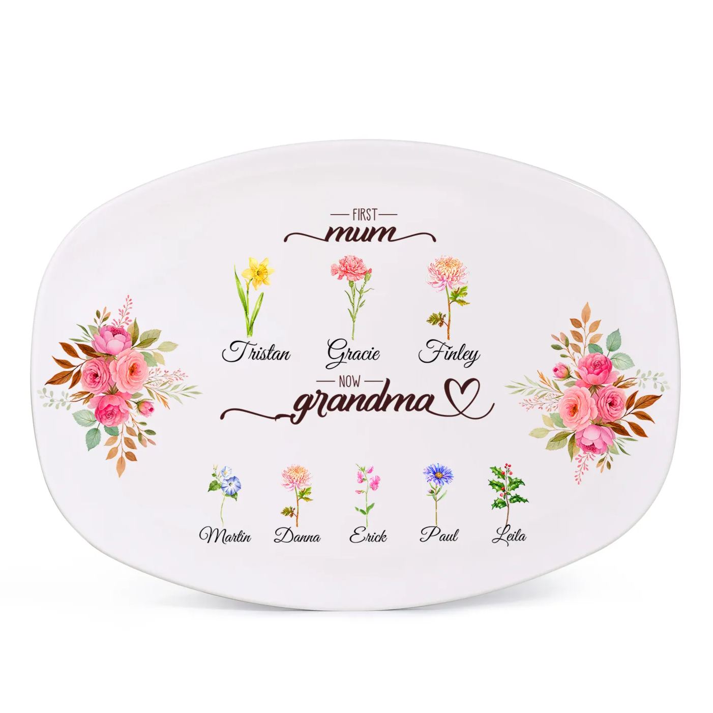 Oval Plate with a floral motif "First Mum, now Grandma"