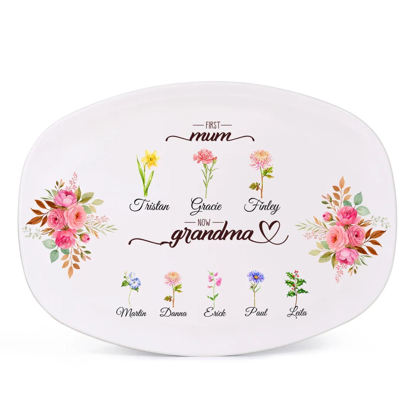 Oval Plate with a floral motif "First Mum, now Grandma"