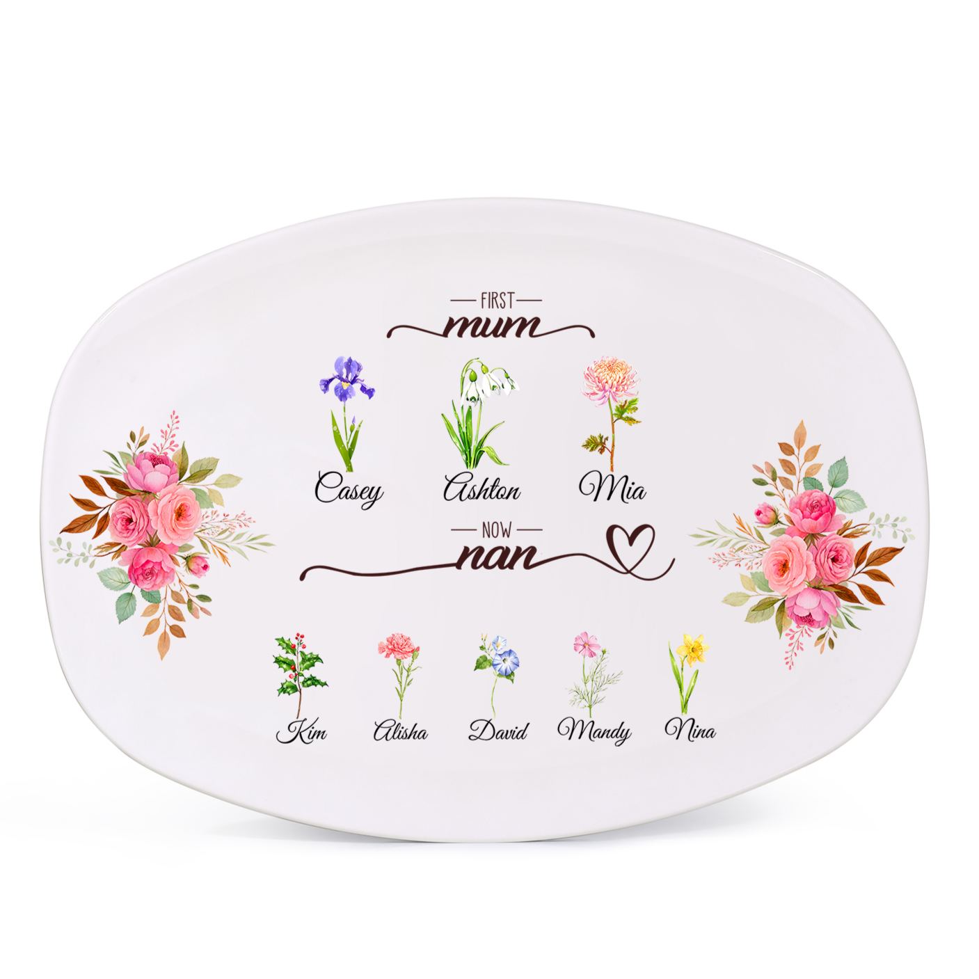 Oval Plate with a floral motif "First Mum, now Nan"