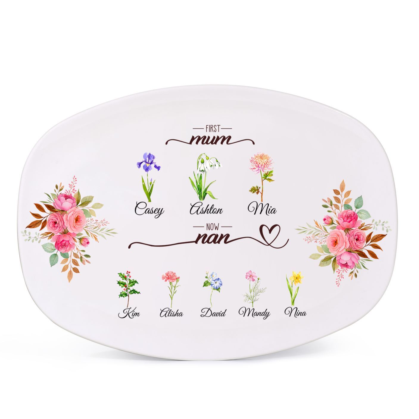 Oval Plate with a floral motif "First Mum, now Nan"