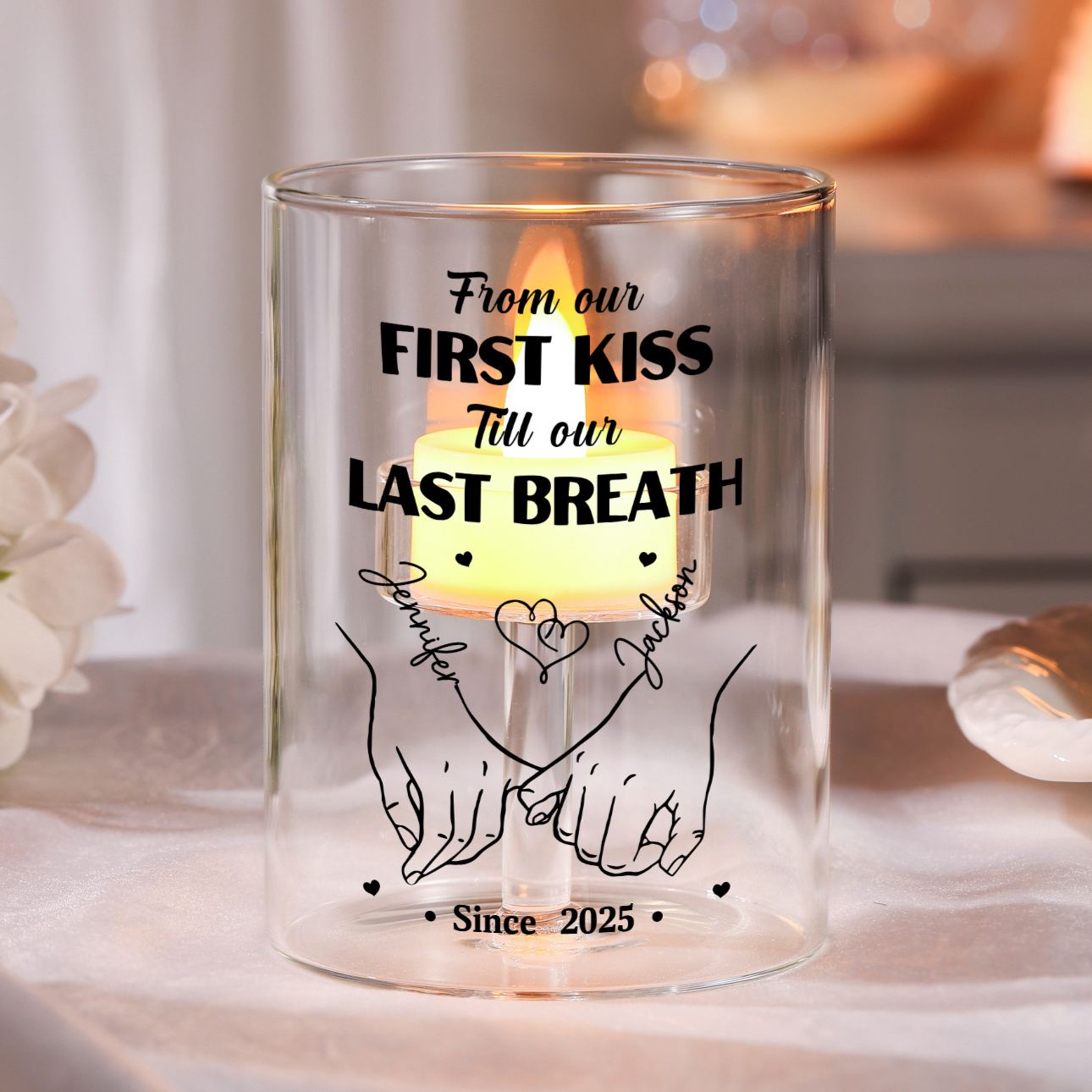 Personalised Glass Candle Holder without candle - From our first kiss to our last breath