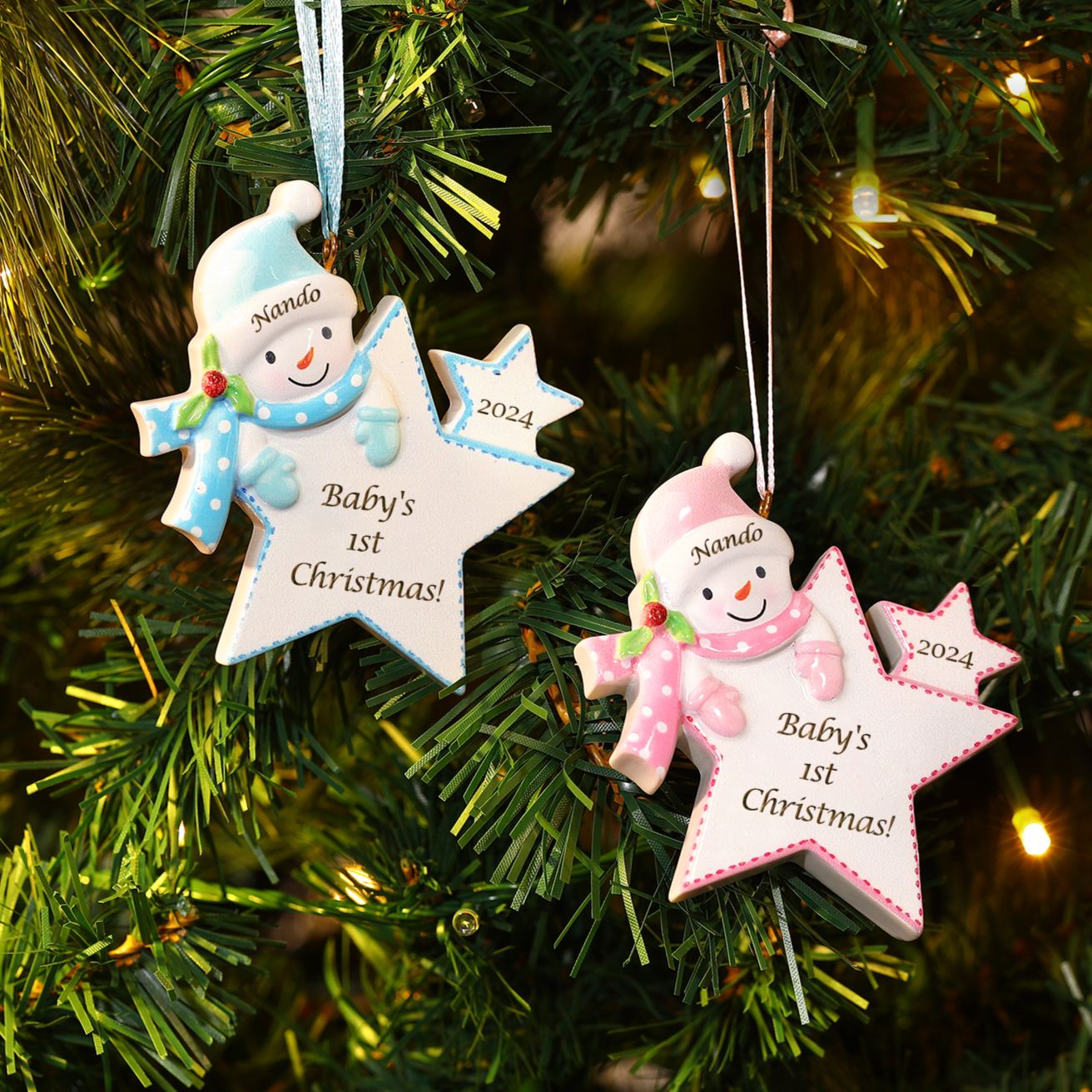 Personalised Star-shaped Christmas ornament with a Snowman motif – Baby's first Christmas, Christmas tree decoration