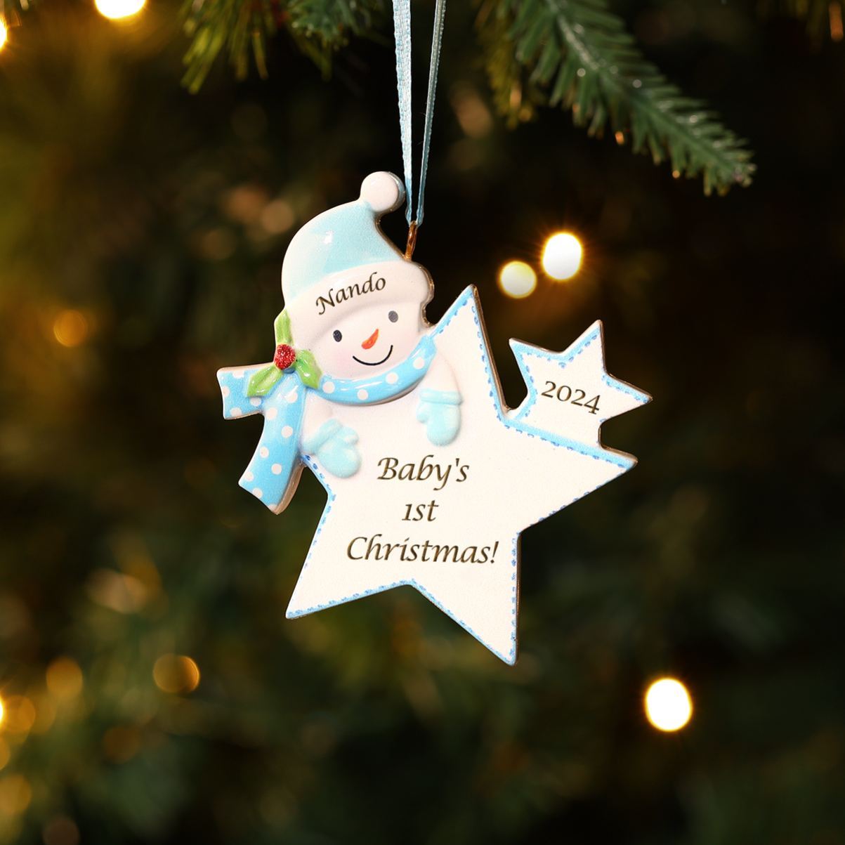 Personalised Star-shaped Christmas ornament with a Snowman motif – Baby's first Christmas, Christmas tree decoration