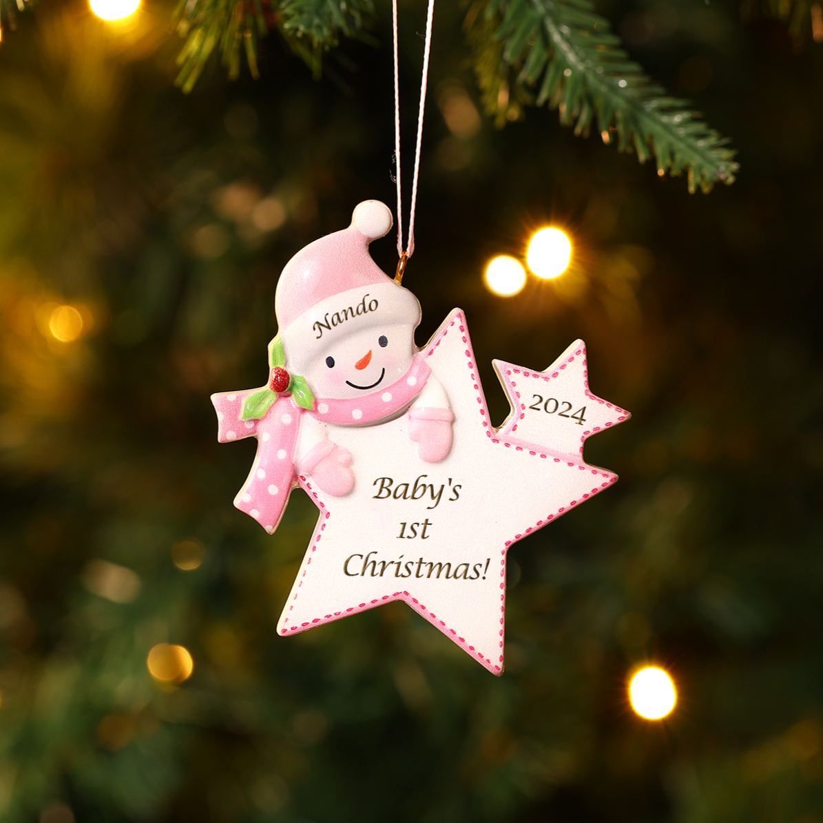 Personalised Star-shaped Christmas ornament with a Snowman motif – Baby's first Christmas, Christmas tree decoration