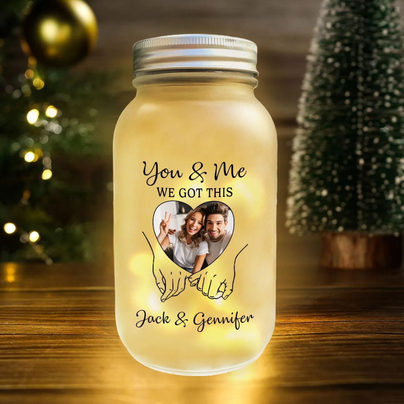 Personalised Solar Light Bottle with Photo Mason Jar for Couples