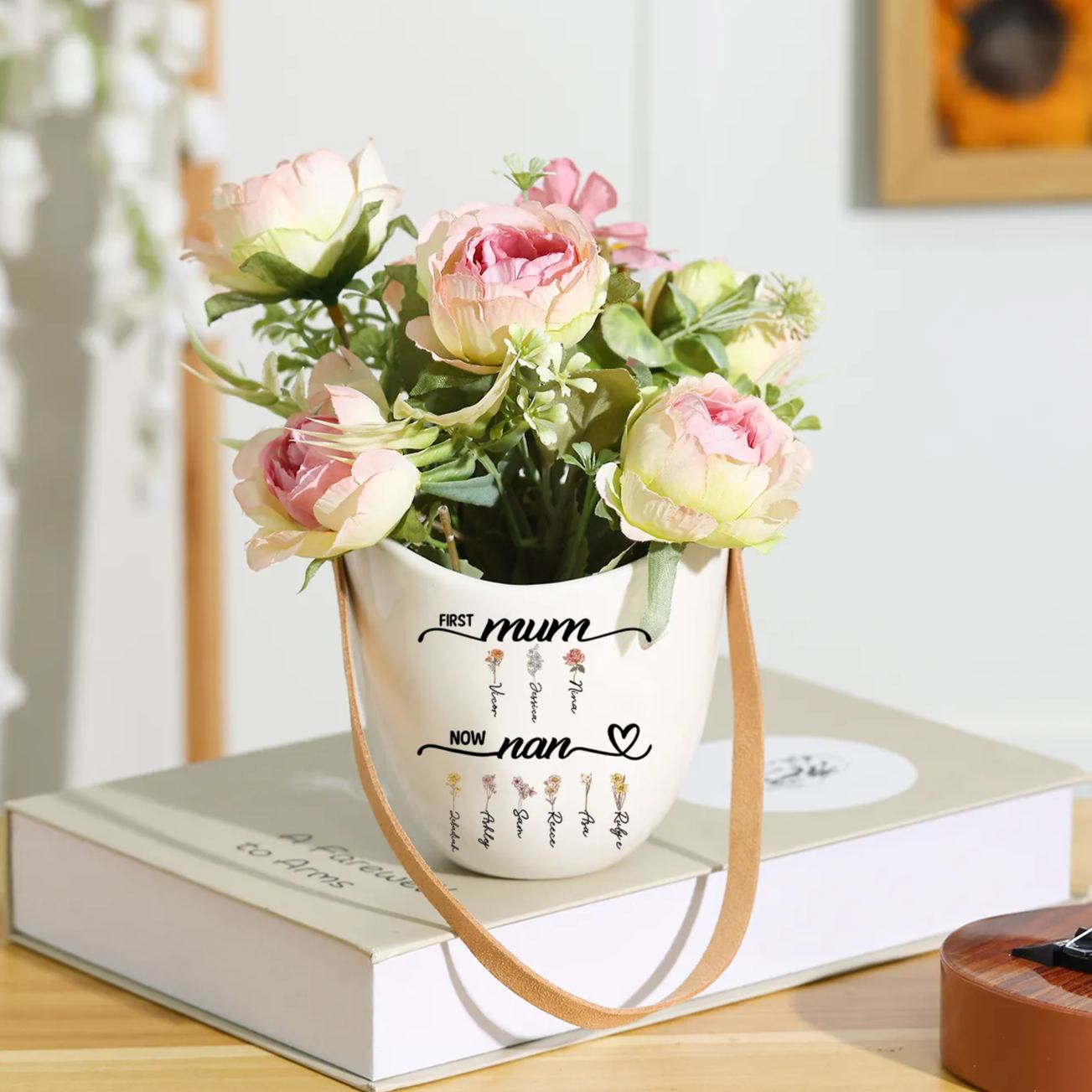 Personalised Ceramic Wall Planter with Birth Flower - First Mum, now Nan