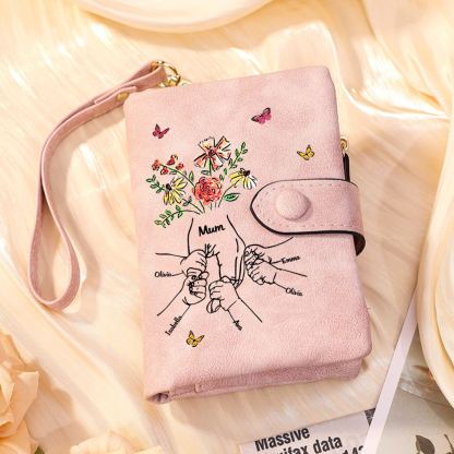 Personalised Wallet with flowers and a hand-in-hand design, with 3 to 6 names – for Mum/Grandma