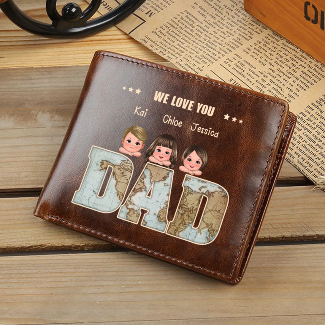 Personalised genuine leather wallet, vintage style, gift for Dad/Grandad