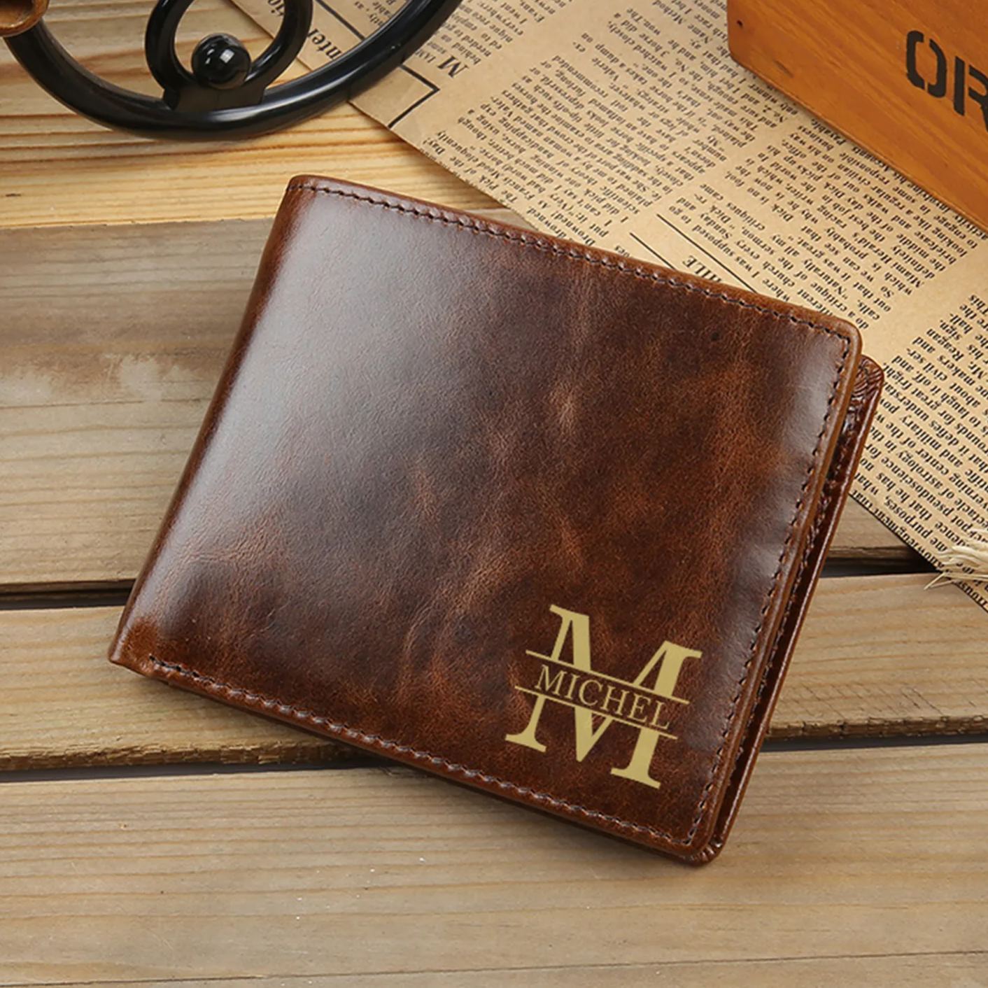 Personalized Genuine Leather folding men's Wallet Gift for Him