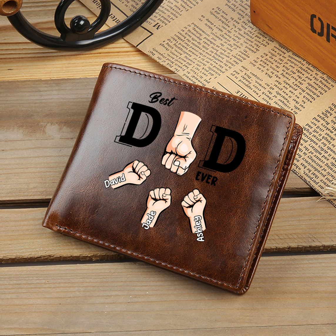 Personalised Genuine Leather Wallet with Names and Fist-bumps – Best Grandpa/Dad Ever