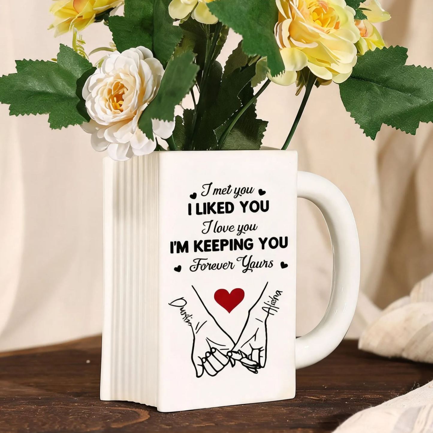 Personalised Ceramic Book-Shaped Vase with 2 Names and Date for Couples