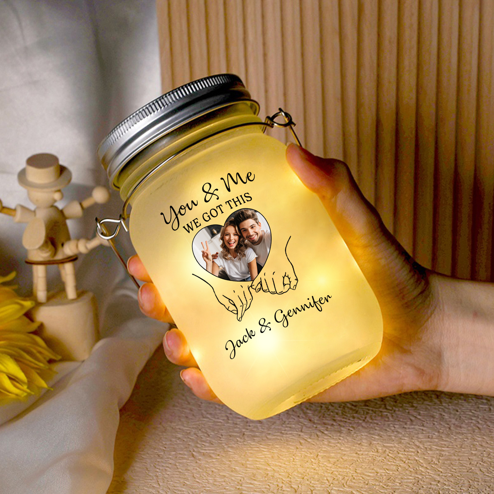 Personalised Solar Light Bottle with Photo Mason Jar for Couples