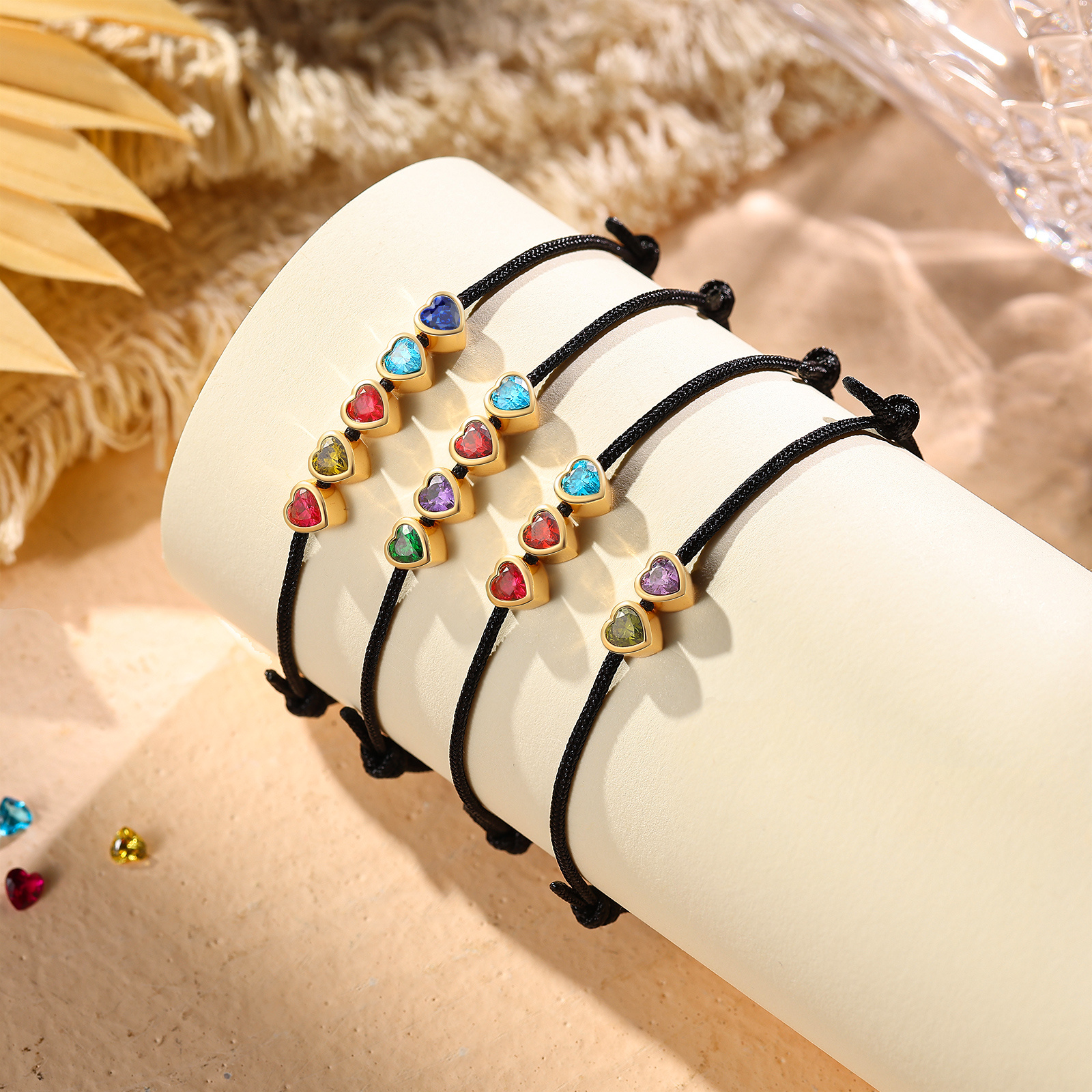 Personalised 2-5 Heart Birthstones Adjustable Rope Bracelet