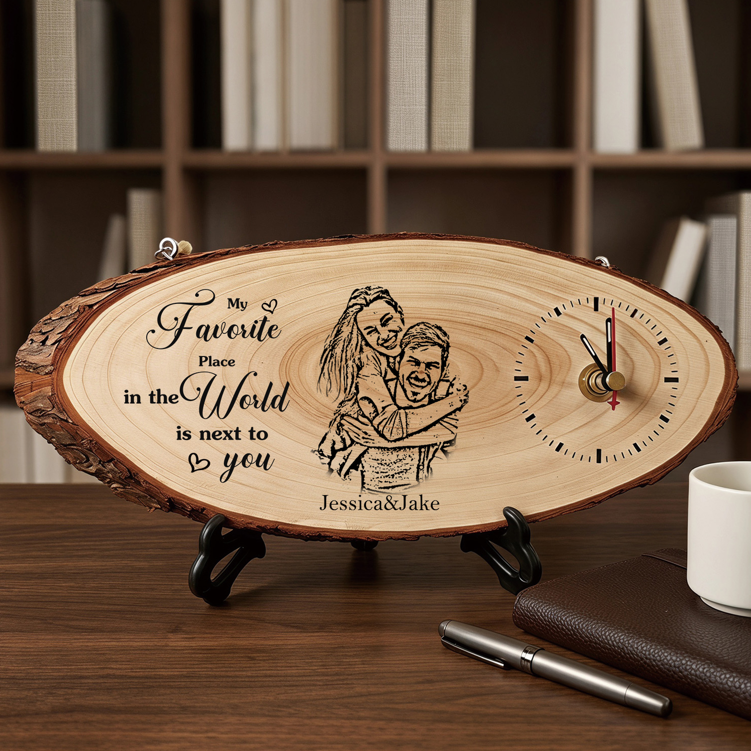 Personalised Wooden Wall Clock with Couple’s Photo, 2 Names and Custom Photo