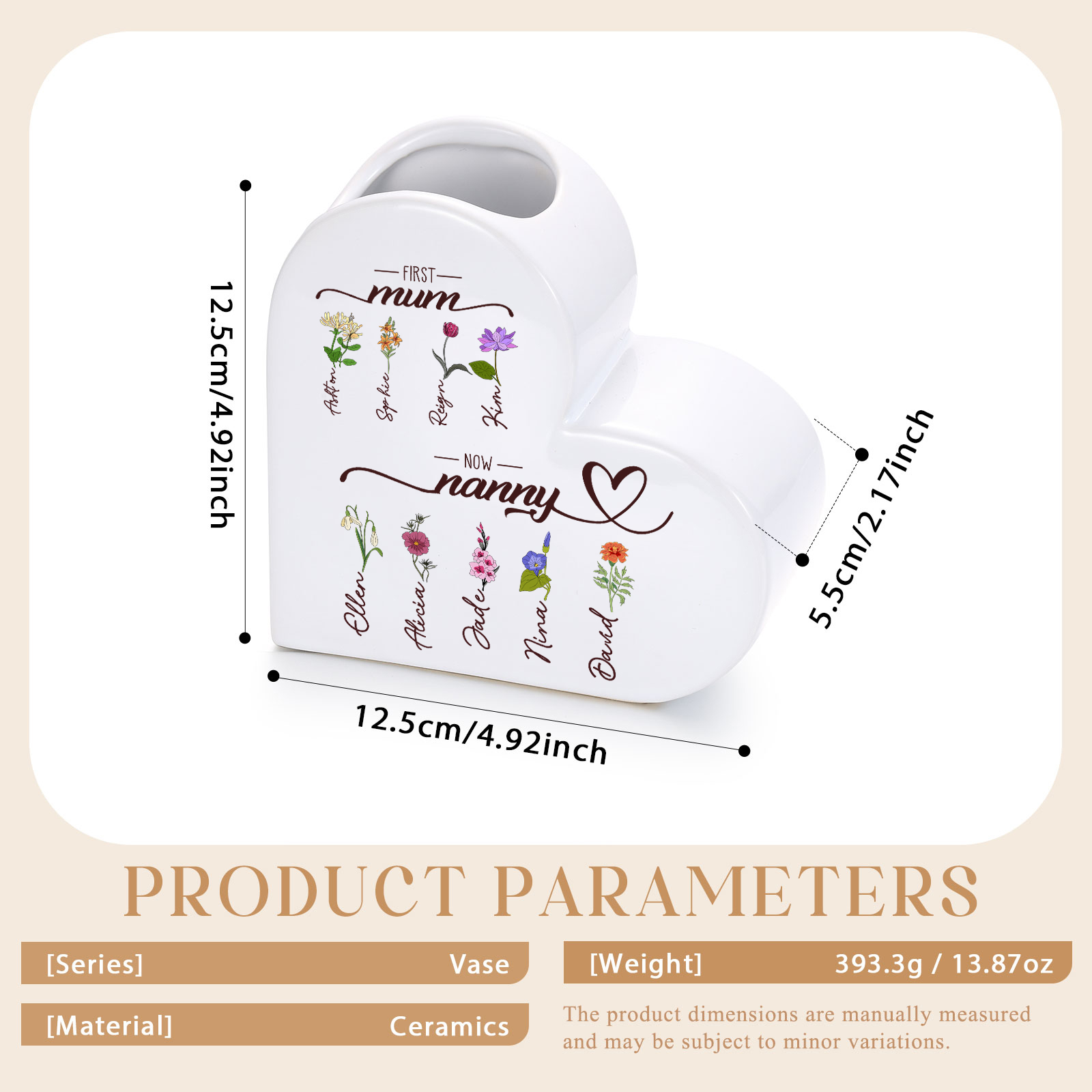 Personalised heart-shaped Ceramic Vase “First Mum, now Grandma”, personalised with 2–10 Birth flowers and Names