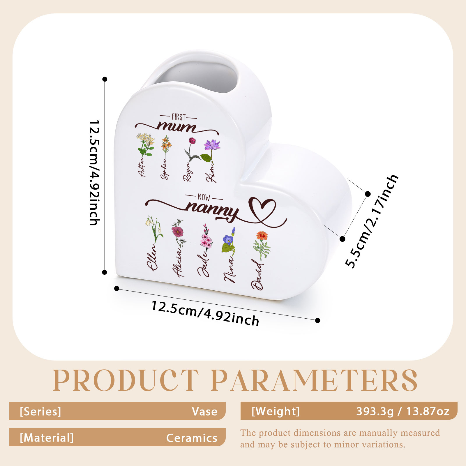 Personalised heart-shaped Ceramic Vase “First Mum, now Grandma”, personalised with 2–10 Birth flowers and Names