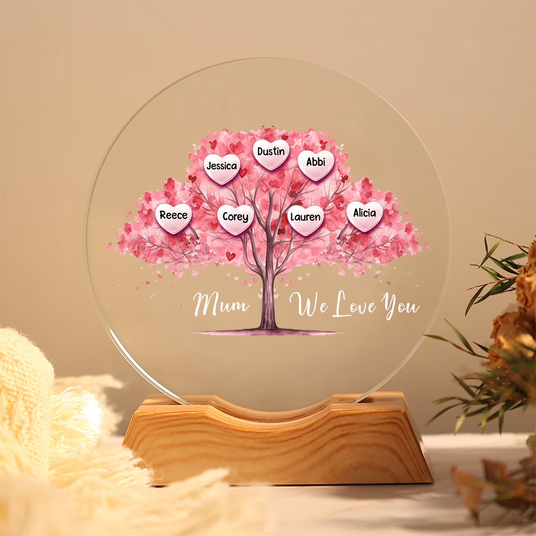 Personalised Family Tree LED Crystal Night Light with 1–7 Names for Mum
