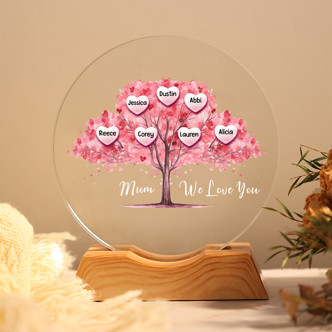 Personalised Family Tree LED Crystal Night Light with 1–7 Names for Mum