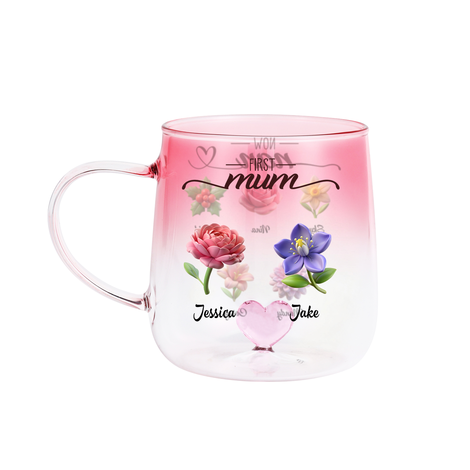 Pink Gradient Glass Mug, Personalised Flowers and Names