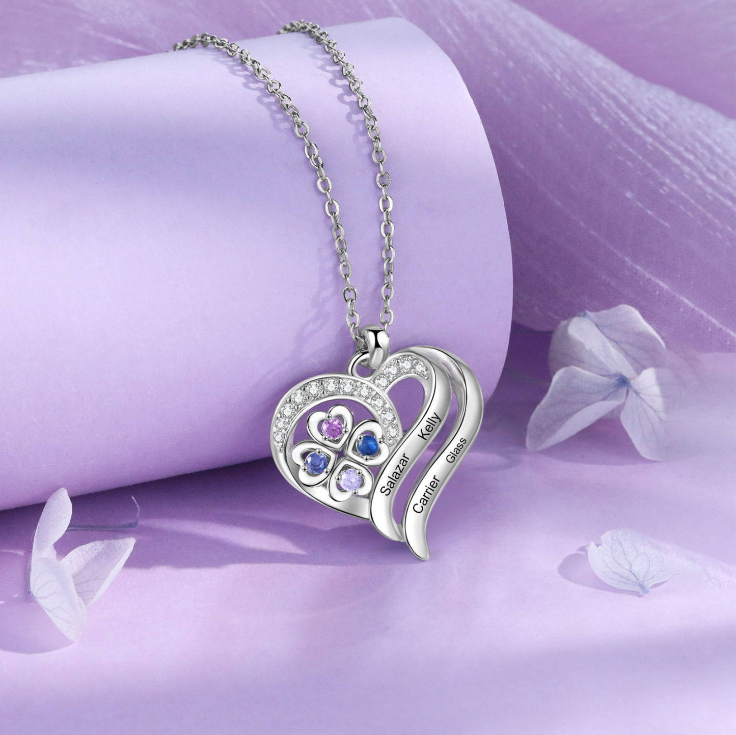 Personalised 2-4 Names Heart Birthstone Women Necklace