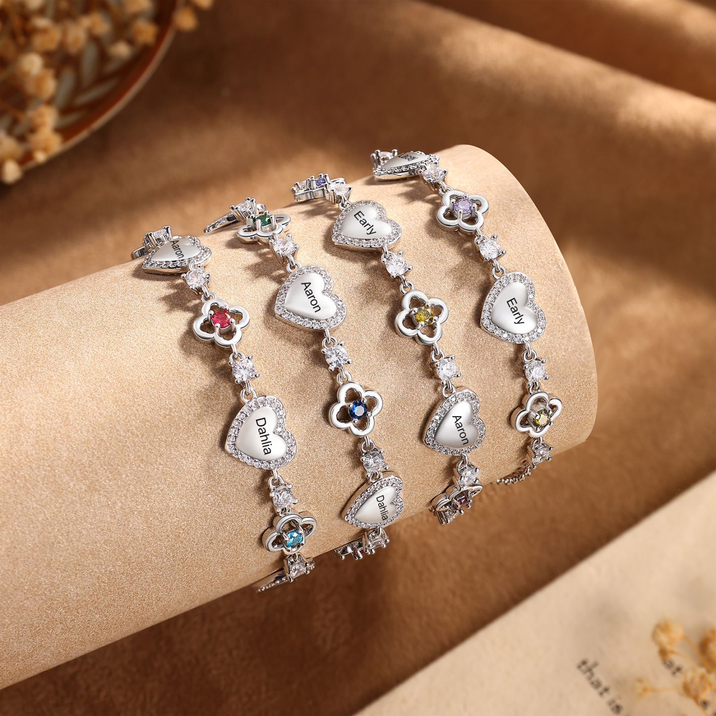 Personalised Birthstone Bracelet with Heart and Flowers, Customised with 2–5 Names and Stones