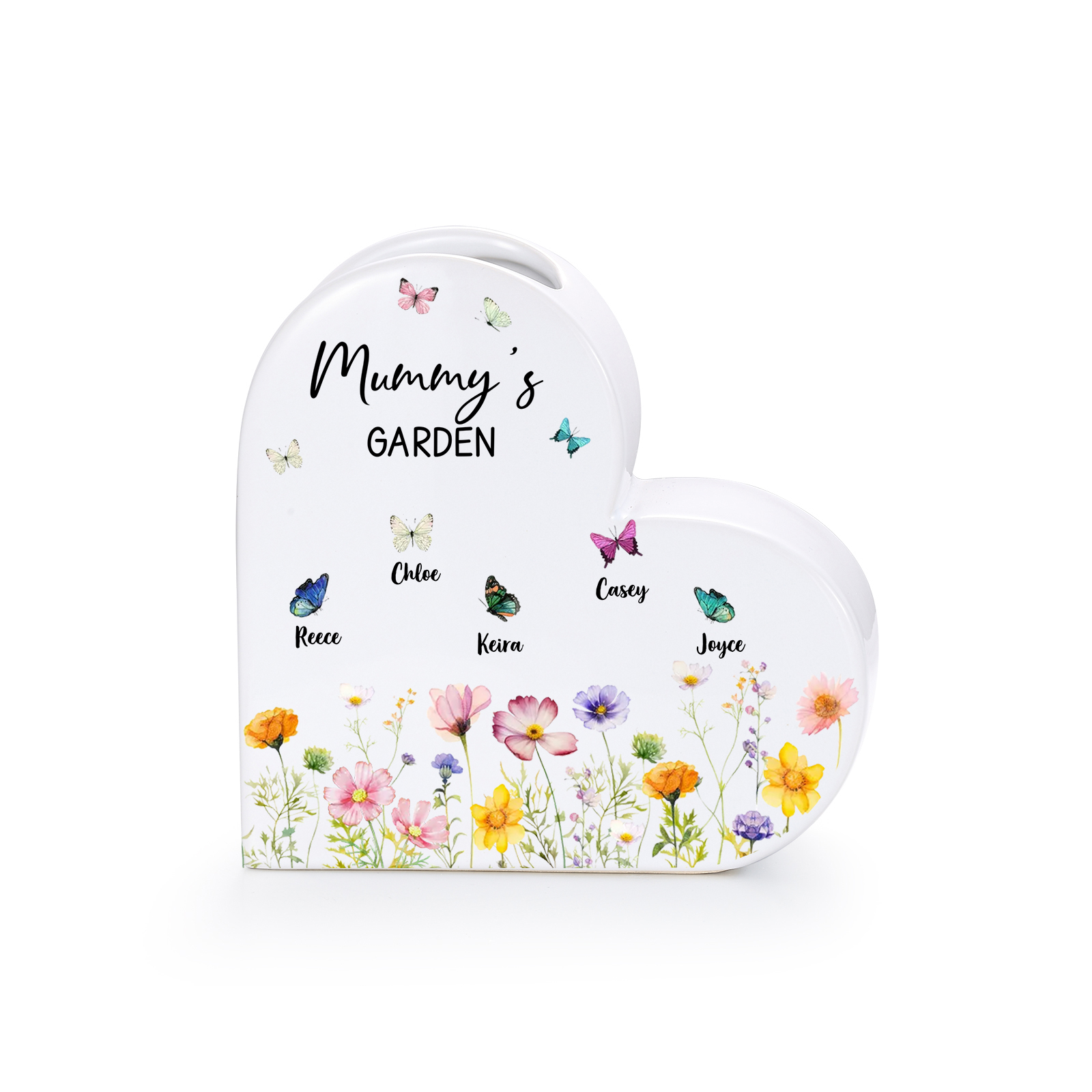 Personalised Ceramic Heart Vase with 1–10 Names and Butterflies for Mum or Grandma