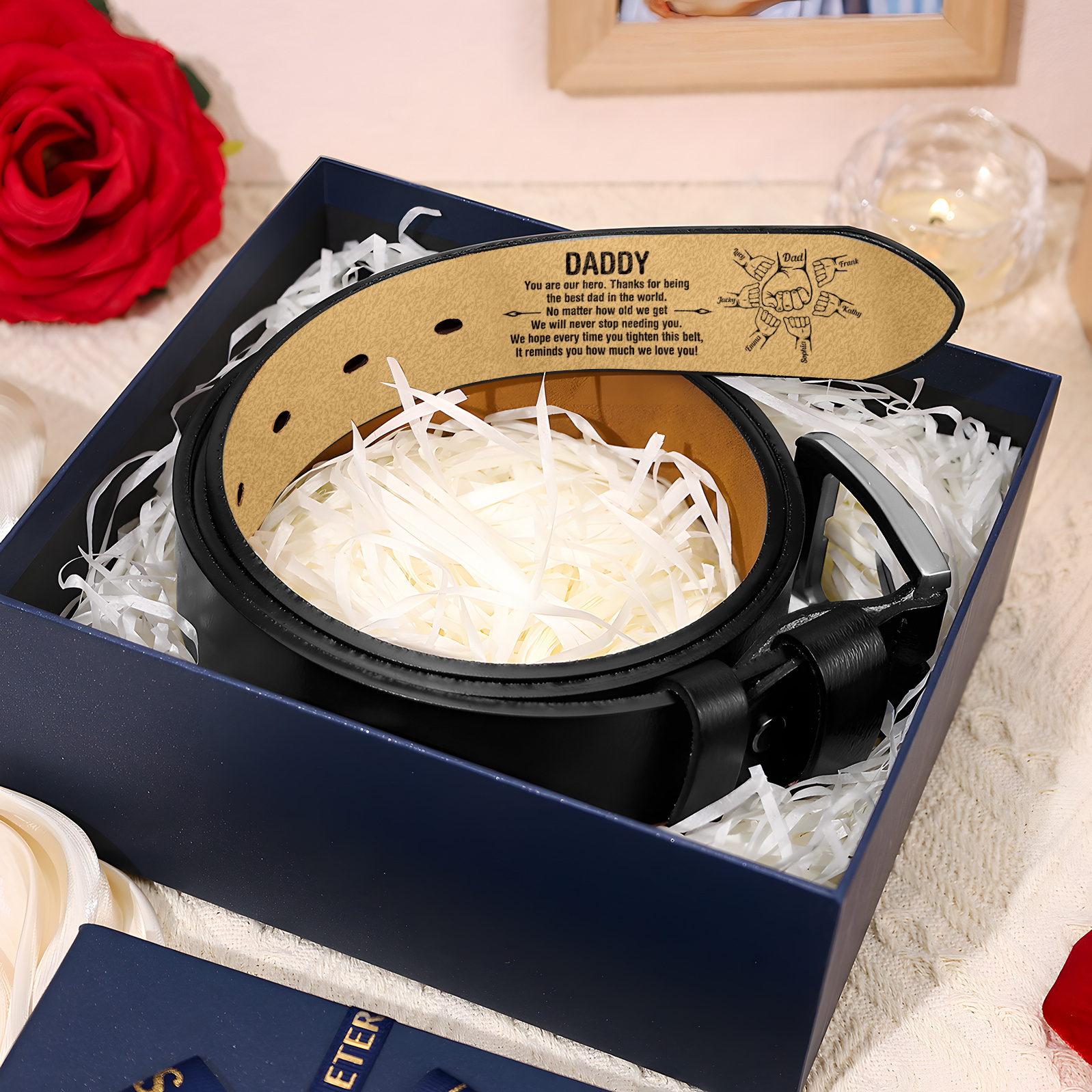 Personalised Leather Belt with 2-7 Names and Fist Bump Engraving Thoughtful Father’s Day Gift for Dad | Jessemade