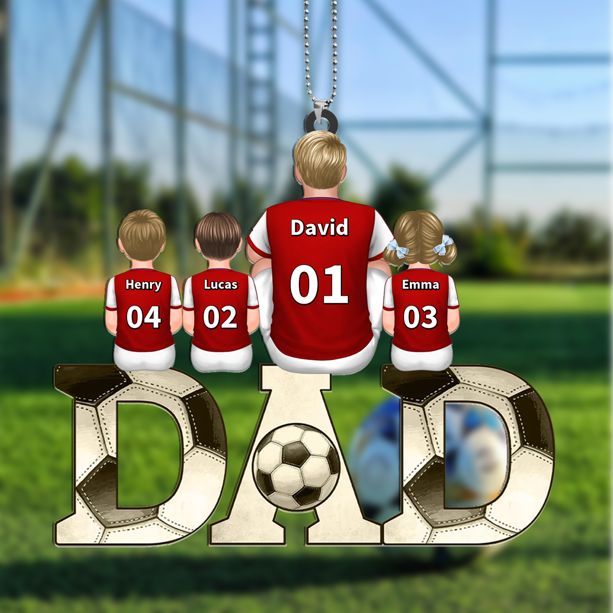 Personalised Football Dad Keyring 1–4 kids’ Names and Numbers Hanging Ornament for Dad | Jessemade