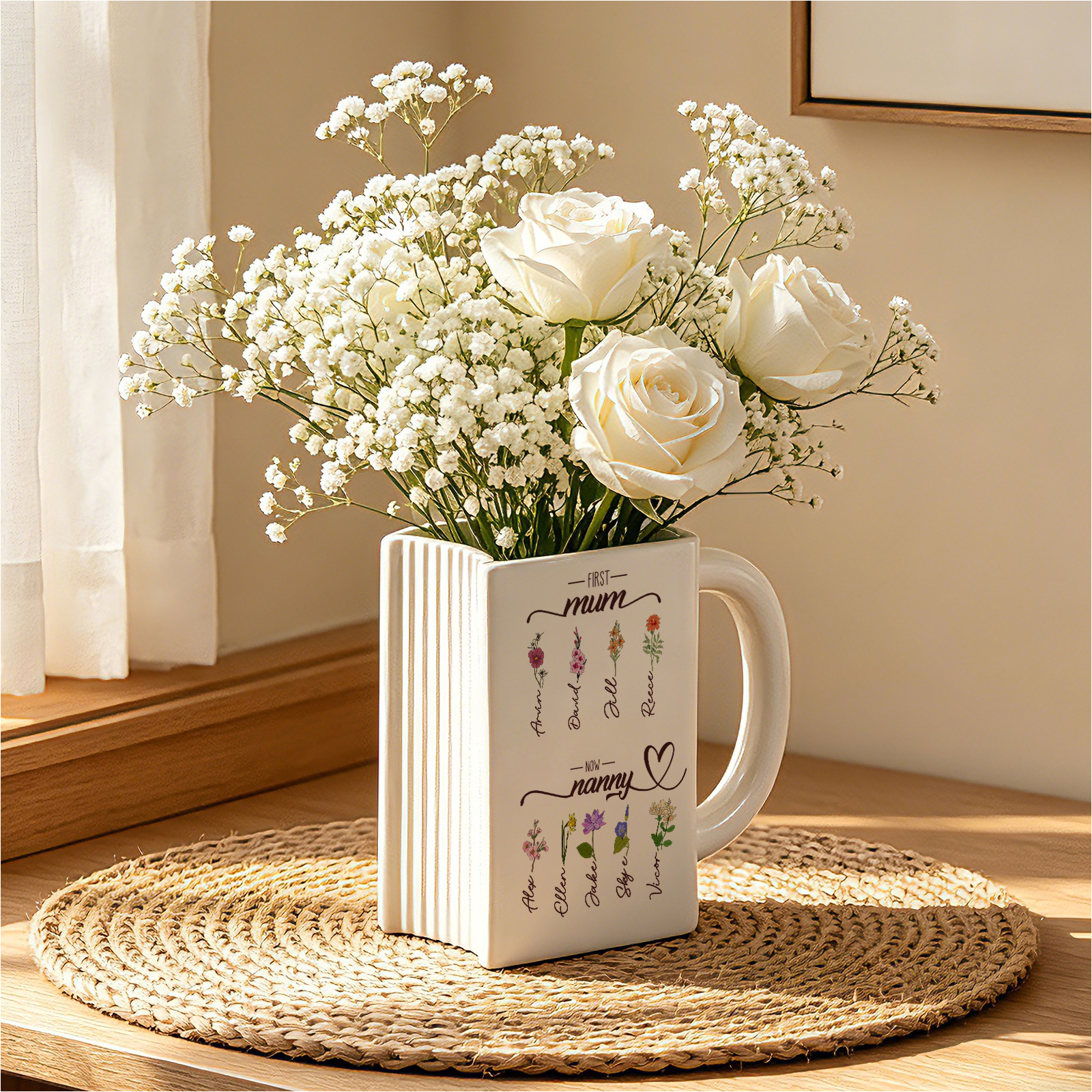 Personalised Book-Shaped Vase with 2 to 10 Names and Birth Flowers for Mum or Nanny