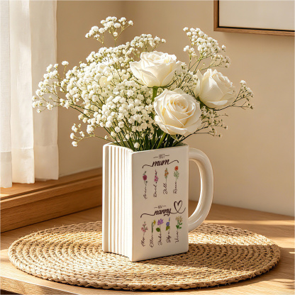 Personalised Book-Shaped Vase with 2 to 10 Names and Birth Flowers for Mum or Nanny
